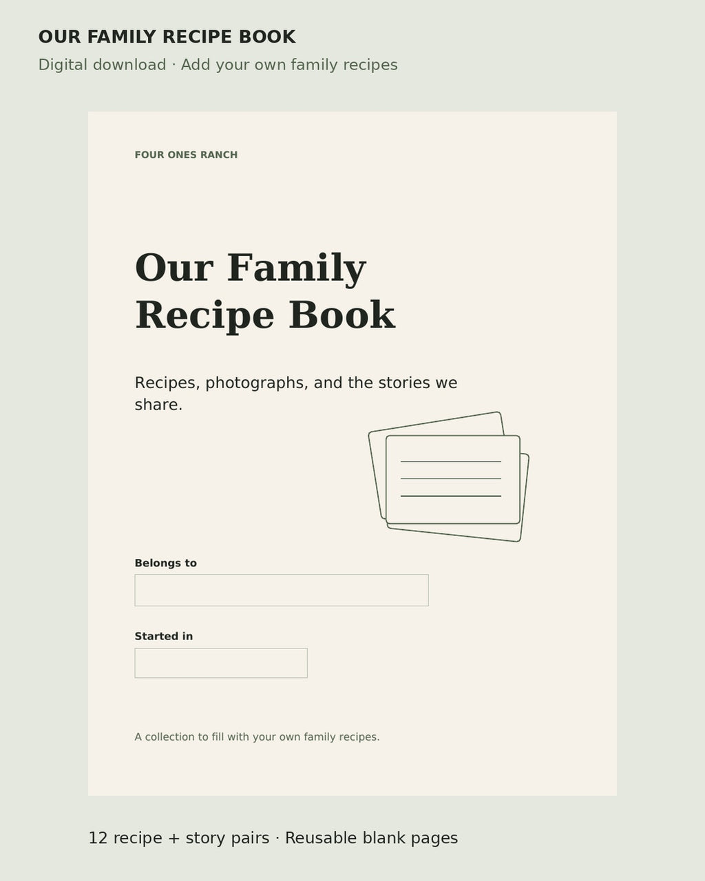 Cover of Our Family Recipe Book, a digital template for collecting your own recipes, family photographs, and stories.