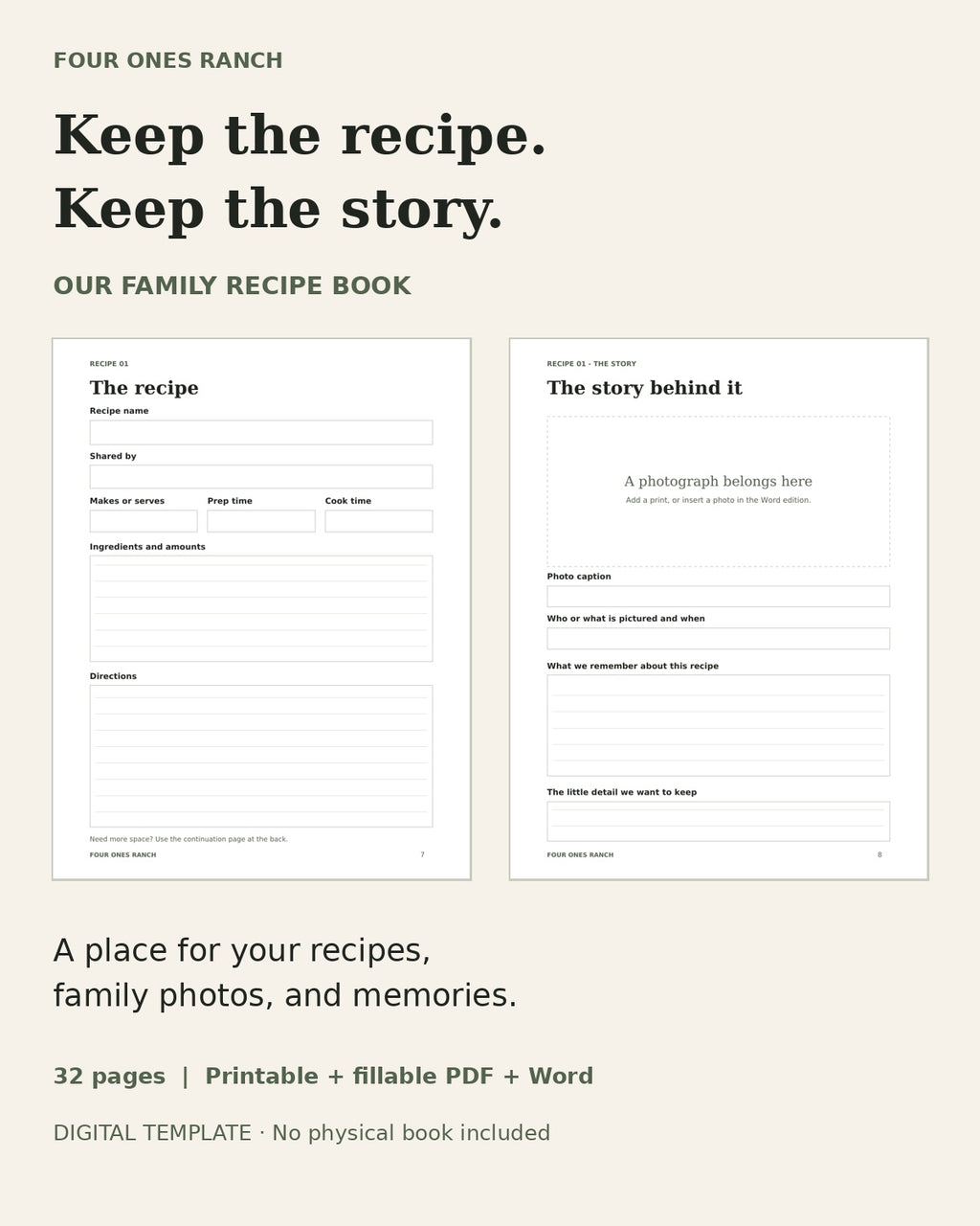Our Family Recipe Book digital template with actual recipe and family story pages. Printable, fillable PDF, and Word editions.
