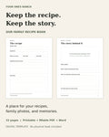 Our Family Recipe Book digital template with actual recipe and family story pages. Printable, fillable PDF, and Word editions.