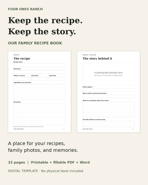 Our Family Recipe Book digital template with actual recipe and family story pages. Printable, fillable PDF, and Word editions.